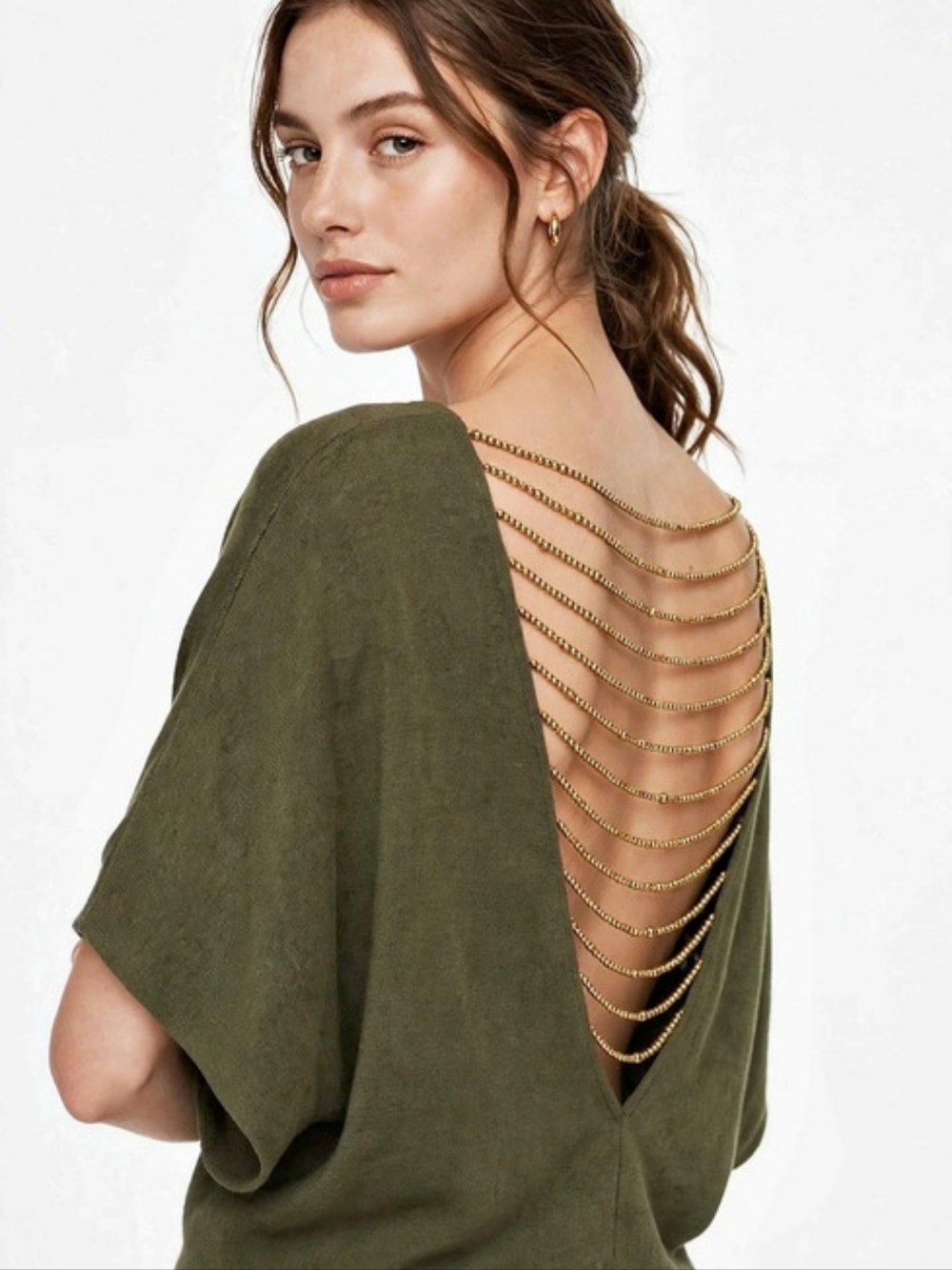 POL Olive Draped Back Chain Dolman Sleeve/Batwing Crop Top Size Medium
